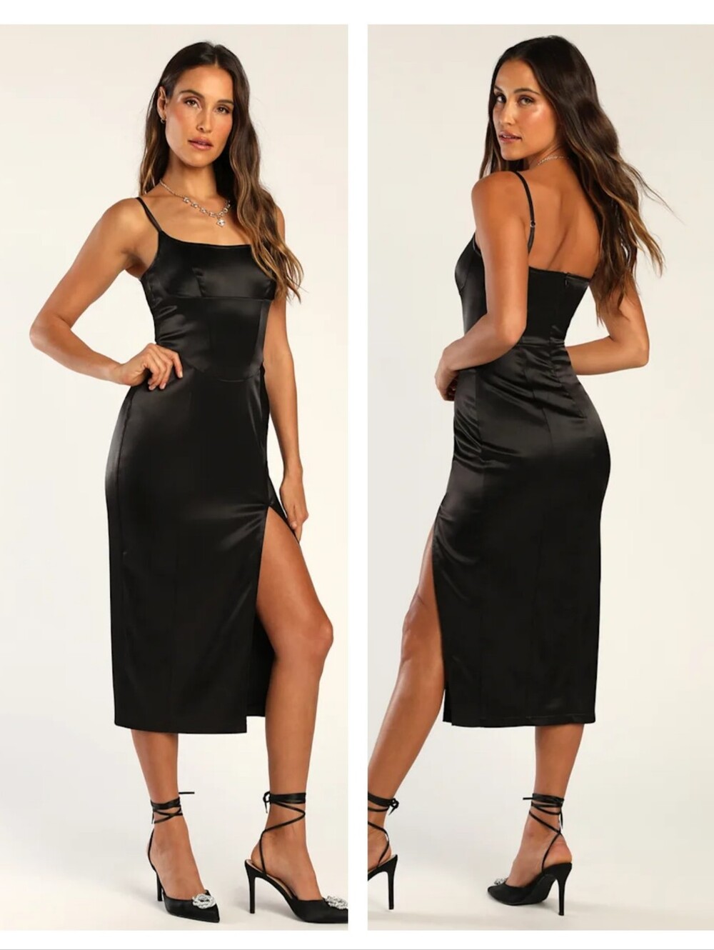 Lulus Certain Stunner Black Satin Bustier Midi Dress XL